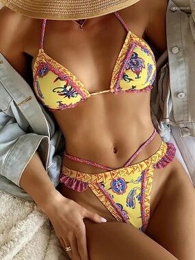 Boho Print Yellow Tie String Triangle 2piece  Bikini